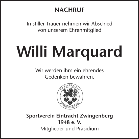 Traueranzeige von Willi Marquard von Bergsträßer Anzeiger