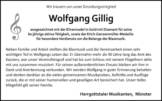 Traueranzeige von Wolfgang Gillig von Fränkische Nachrichten