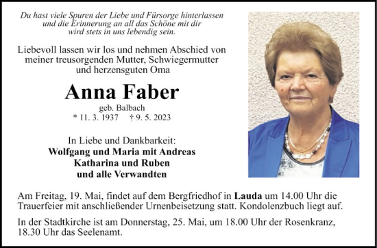 Traueranzeige von Anna Faber von Fränkische Nachrichten