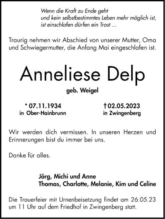 Traueranzeige von Anneliese Delp von Bergsträßer Anzeiger