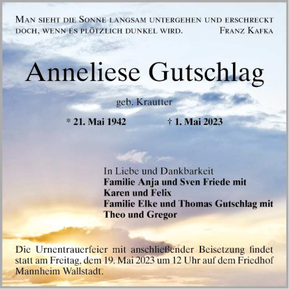  Traueranzeige für Anneliese Gutschlag vom 13.05.2023 aus Mannheimer Morgen