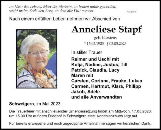 Traueranzeige von Anneliese Stapf von Fränkische Nachrichten