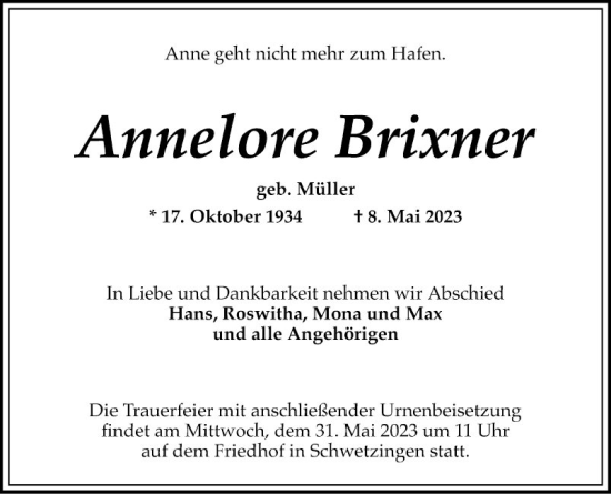 Traueranzeige von Annelore Brixner von Schwetzinger Zeitung
