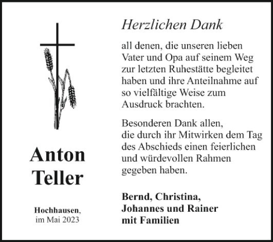 Traueranzeige von Anton Teller von Fränkische Nachrichten