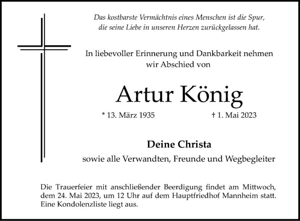  Traueranzeige für Artur König vom 20.05.2023 aus Mannheimer Morgen