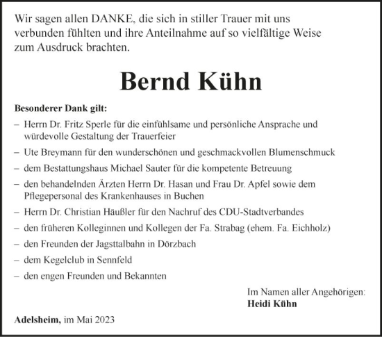 Traueranzeige von Bernd Kühn von Fränkische Nachrichten