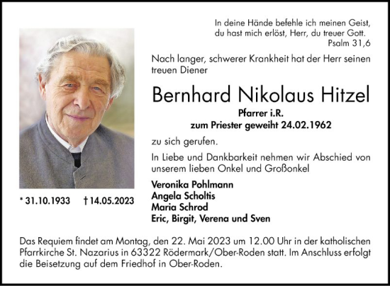 Traueranzeige von Bernhard Nikolaus Hitzel von Bergsträßer Anzeiger