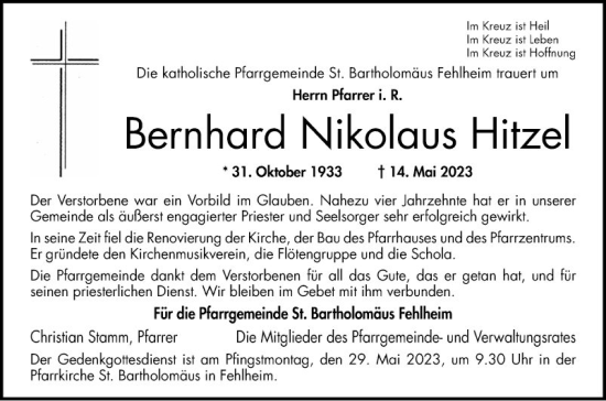 Traueranzeige von Bernhard Nikolaus Hitzel von Bergsträßer Anzeiger