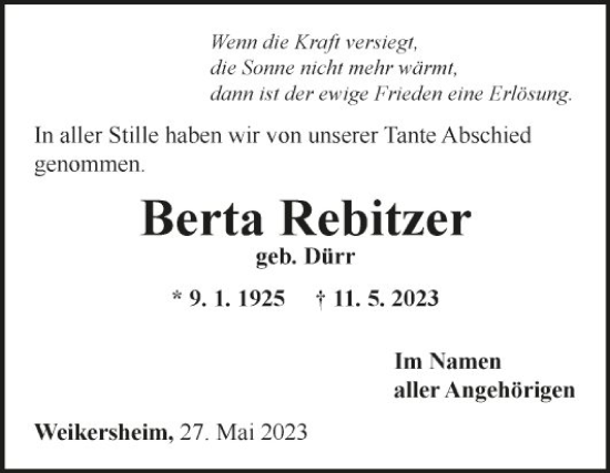 Traueranzeige von Berta Rebitzer von Fränkische Nachrichten