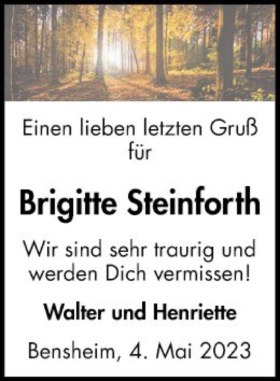 Traueranzeige von Brigitte Steinforth von Bergsträßer Anzeiger