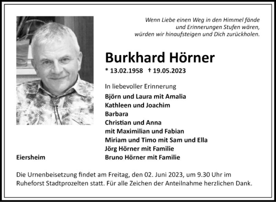 Traueranzeige von Burkhard Hörner von Fränkische Nachrichten