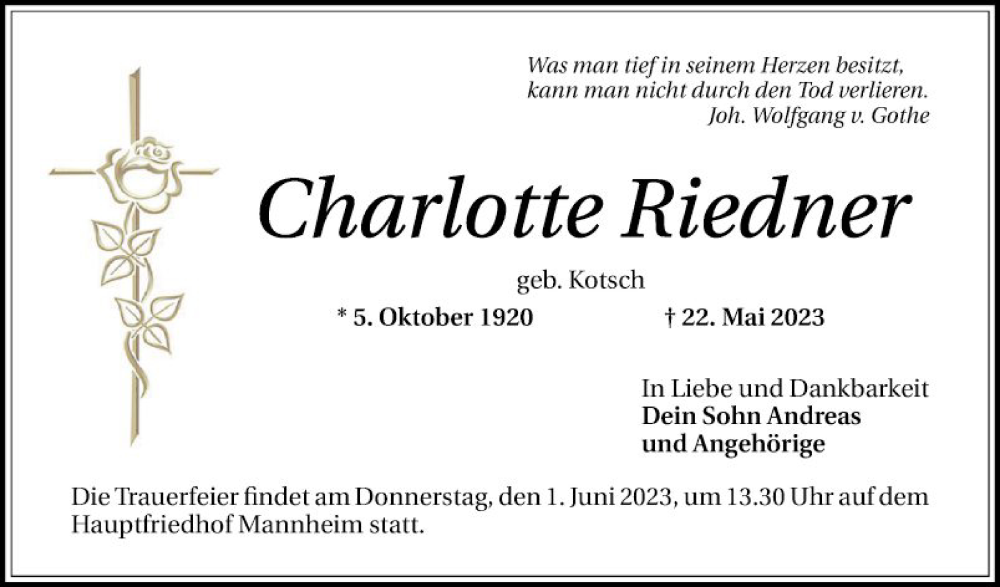  Traueranzeige für Charlotte Riedner vom 27.05.2023 aus Mannheimer Morgen