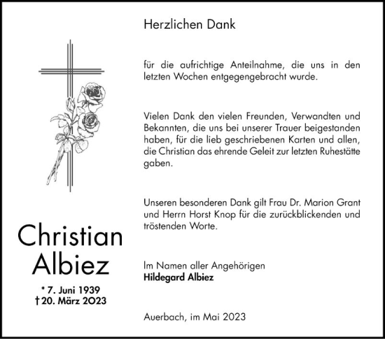 Traueranzeige von Christian Albiez von Bergsträßer Anzeiger