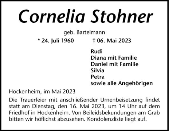 Traueranzeige von Cornelia Stohner von Schwetzinger Zeitung