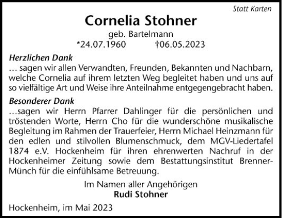 Traueranzeige von Cornelia Stohner von Schwetzinger Zeitung