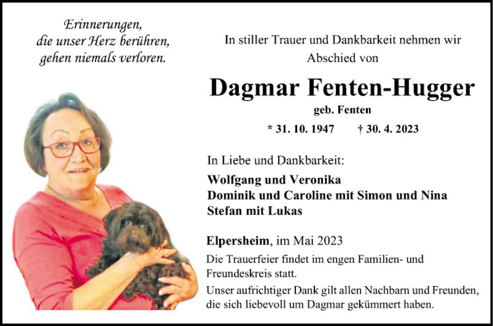  Traueranzeige für Dagmar Fenten-Hugger vom 13.05.2023 aus Fränkische Nachrichten