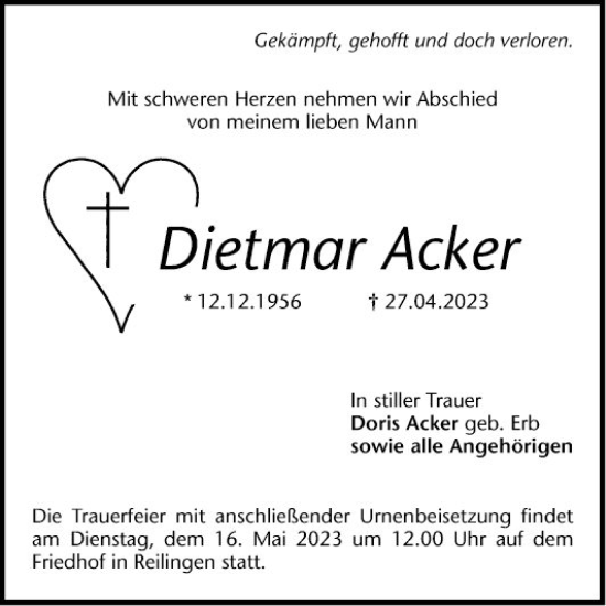 Traueranzeige von Dietmar Acker von Schwetzinger Zeitung