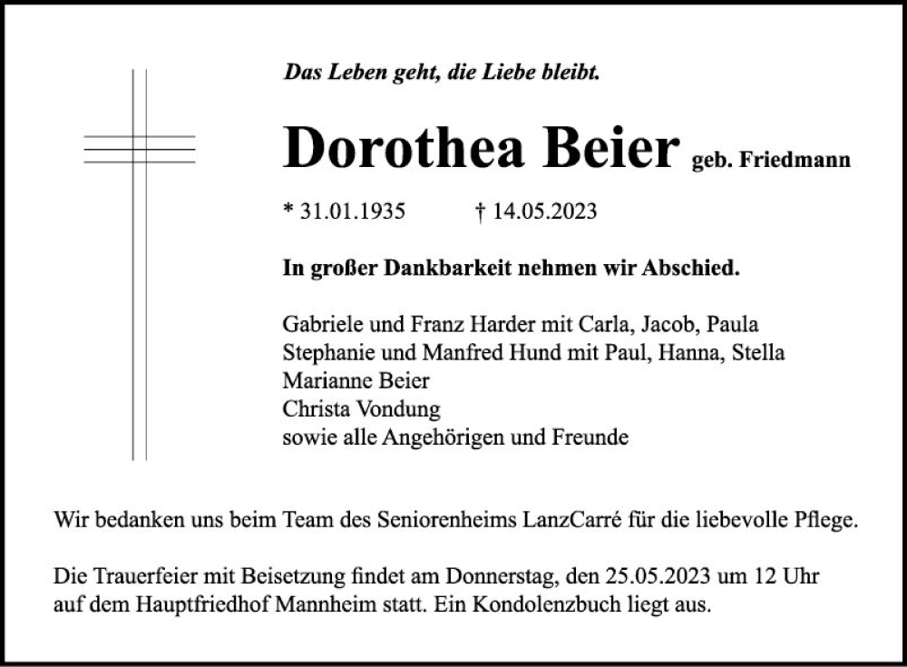 Traueranzeige für Dorothea Beier vom 20.05.2023 aus Mannheimer Morgen