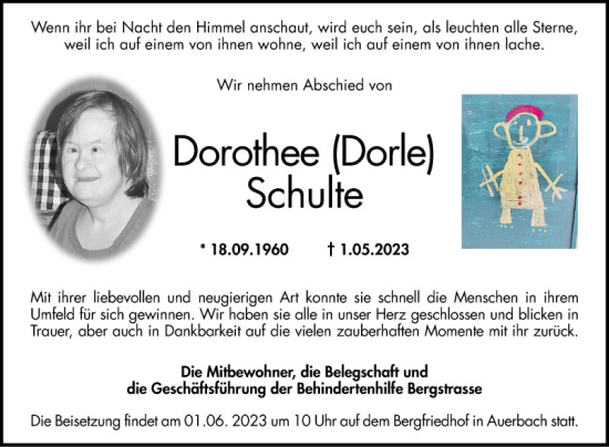 Traueranzeige von Dorothee Schulte von Bergsträßer Anzeiger