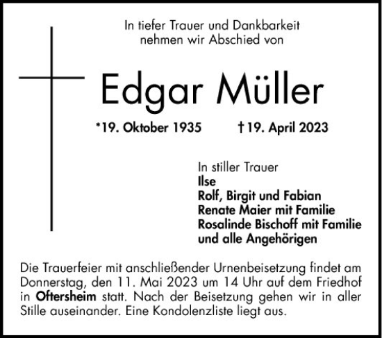 Traueranzeige von Edgar Müller von Schwetzinger Zeitung