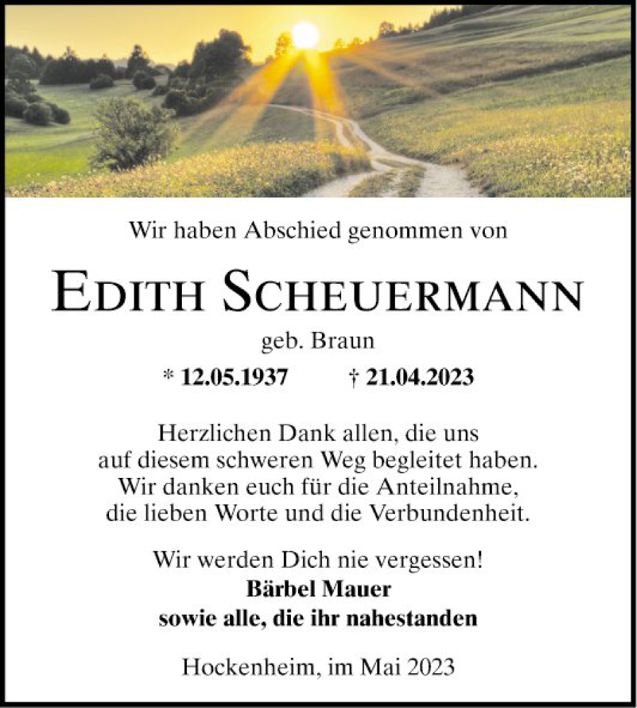  Traueranzeige für Edith Scheuermann vom 20.05.2023 aus Schwetzinger Zeitung