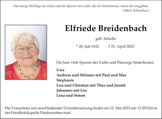 Traueranzeige von Elfriede Breidenbach von Fränkische Nachrichten