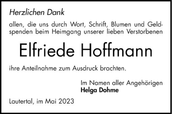 Traueranzeige von Elfriede Hoffmann von Bergsträßer Anzeiger