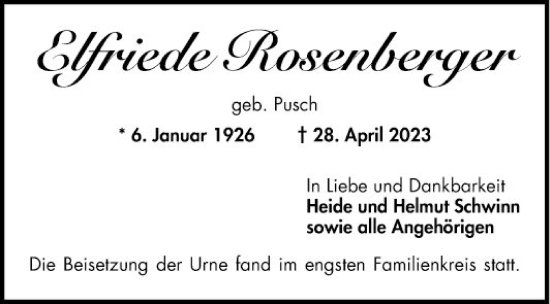 Traueranzeige von Elfriede Rosenberger von Mannheimer Morgen