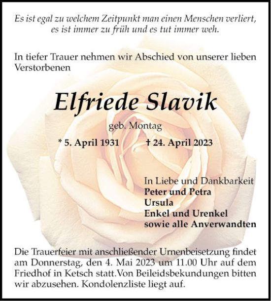 Traueranzeige von Elfriede Slavik von Schwetzinger Zeitung