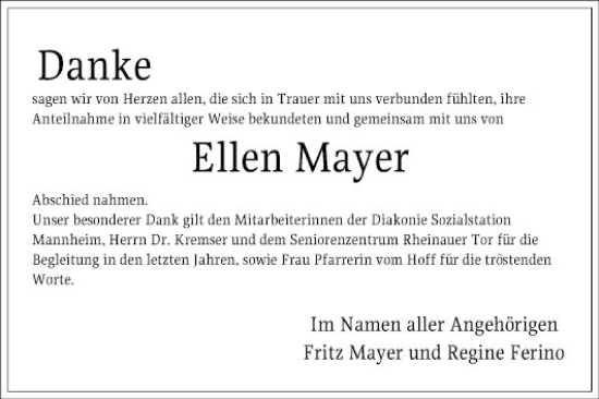 Traueranzeige von Ellen Mayer von Mannheimer Morgen