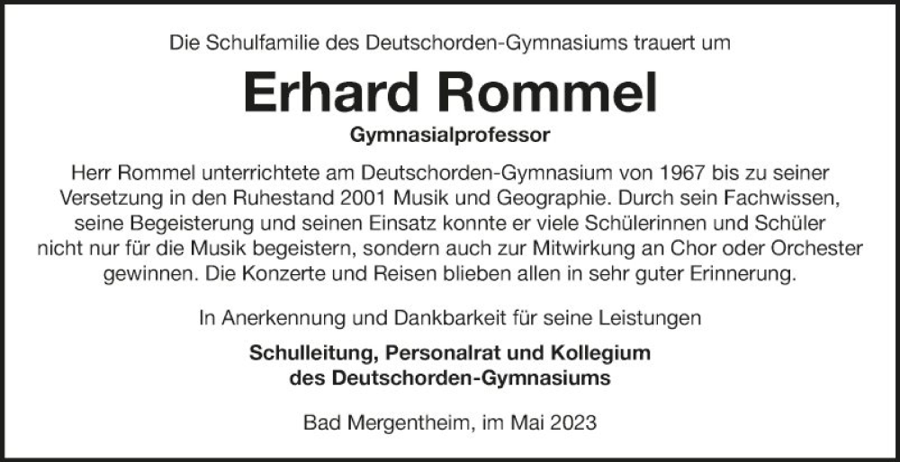  Traueranzeige für Erhard Rommel vom 04.05.2023 aus Fränkische Nachrichten