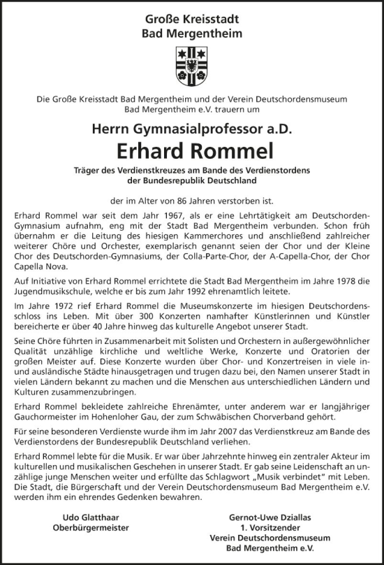 Traueranzeige von Erhard Rommel von Fränkische Nachrichten