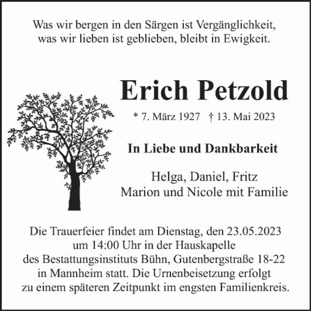  Traueranzeige für Erich Petzold vom 20.05.2023 aus Mannheimer Morgen