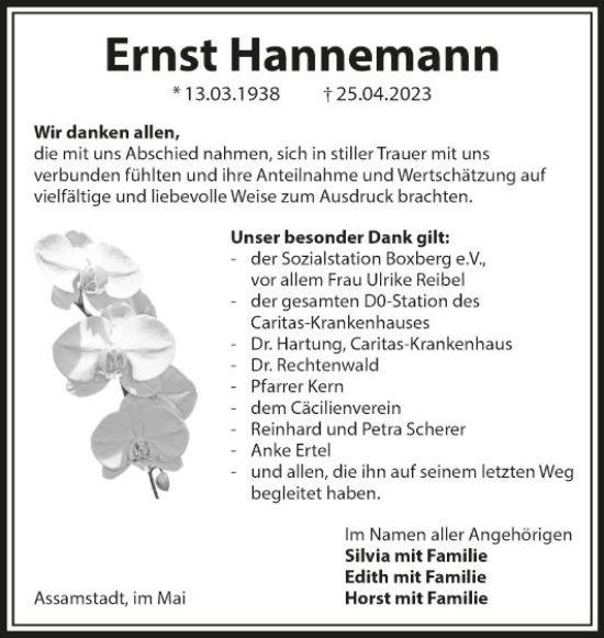 Traueranzeige von Ernst Hannemann von Fränkische Nachrichten