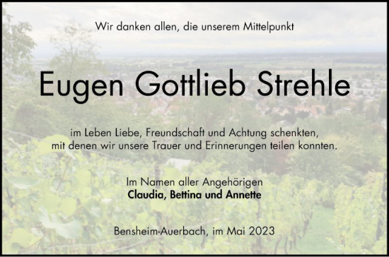 Traueranzeige von Eugen Gottlieb Strehle von Bergsträßer Anzeiger