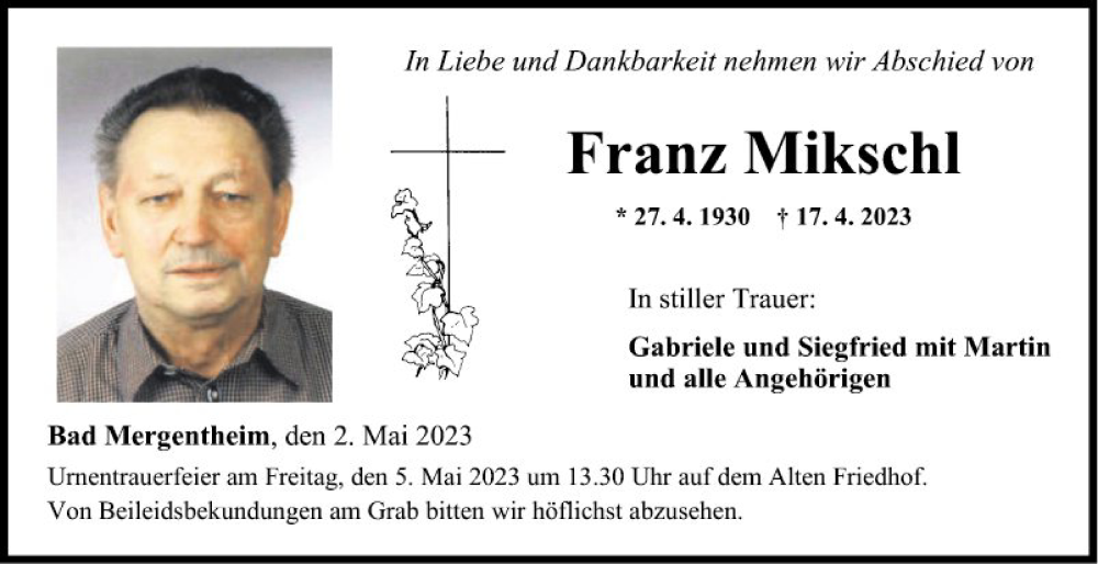  Traueranzeige für Franz Mikschl vom 02.05.2023 aus Fränkische Nachrichten