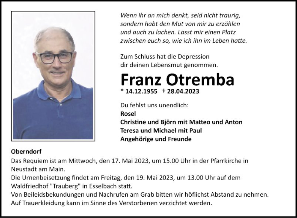  Traueranzeige für Franz Otremba vom 06.05.2023 aus Fränkische Nachrichten