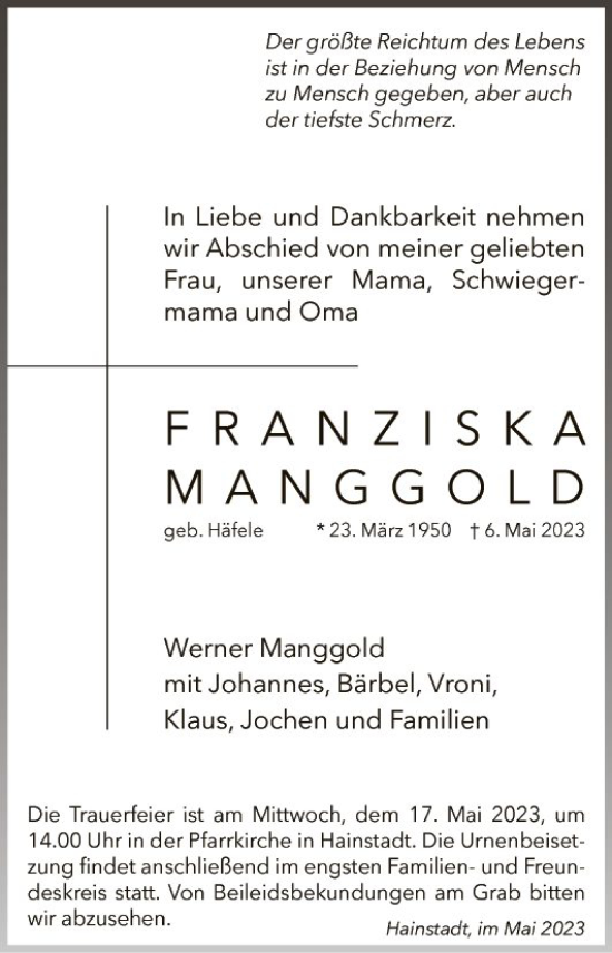 Traueranzeige von Franziska Manggold von Fränkische Nachrichten