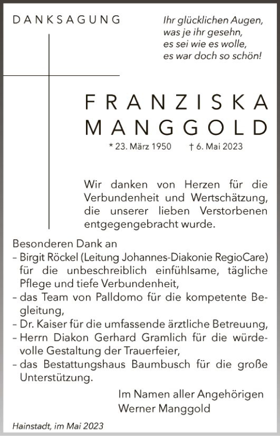 Traueranzeige von Franziska Manggold von Fränkische Nachrichten