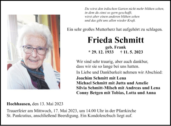 Traueranzeige von Frieda Schmitt von Fränkische Nachrichten