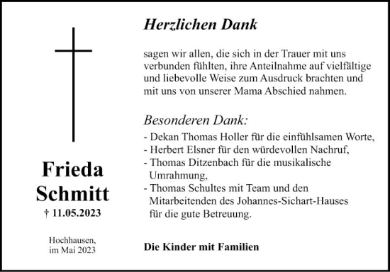 Traueranzeige von Frieda Schmitt von Fränkische Nachrichten