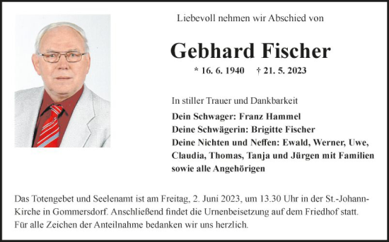 Traueranzeige von Gebhard Fischer von Fränkische Nachrichten