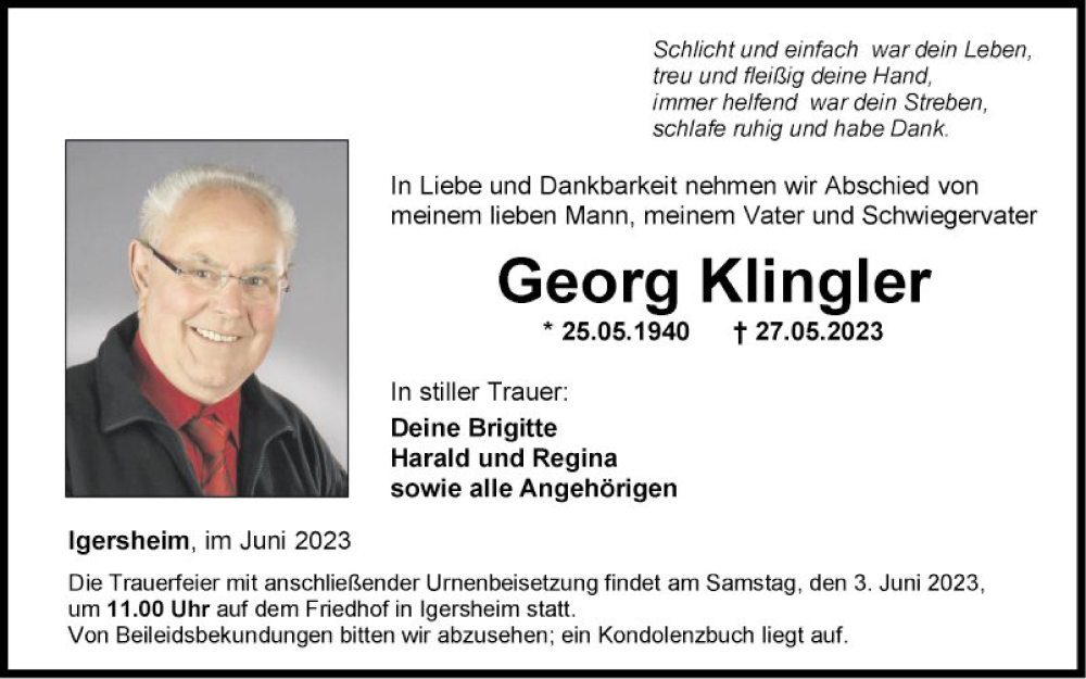  Traueranzeige für Georg Klingler vom 01.06.2023 aus Fränkische Nachrichten