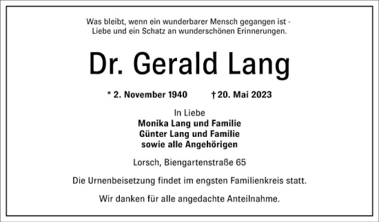 Traueranzeige von Gerald Lang von Bergsträßer Anzeiger