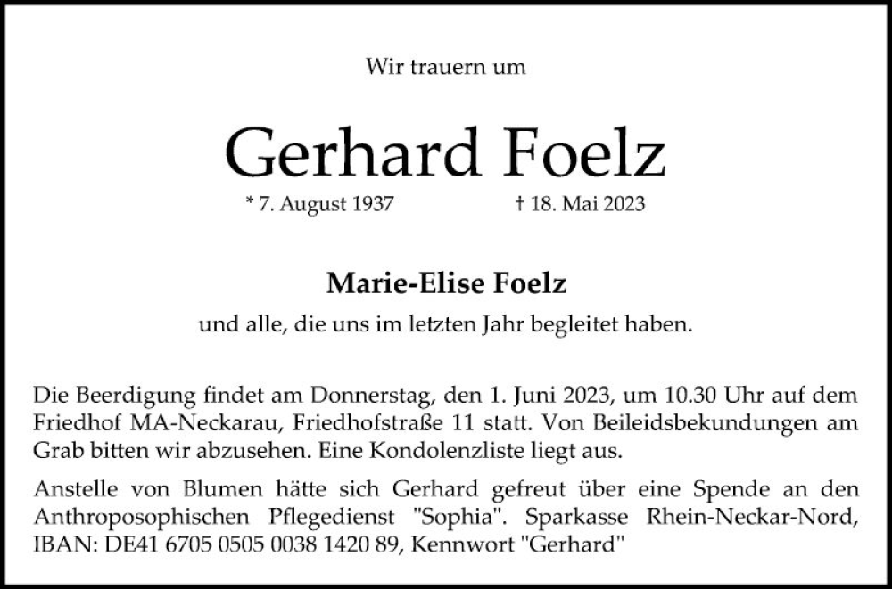 Traueranzeige für Gerhard Foelz vom 27.05.2023 aus Mannheimer Morgen