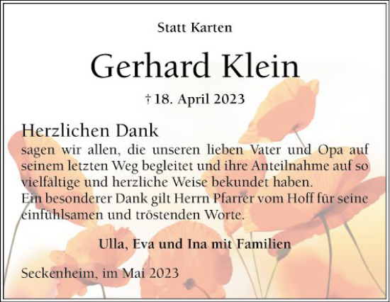 Traueranzeige von Gerhard Klein von Mannheimer Morgen