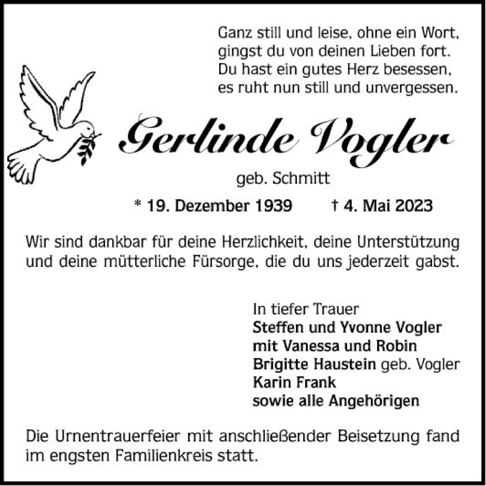  Traueranzeige für Gerlinde Vogler vom 20.05.2023 aus Mannheimer Morgen