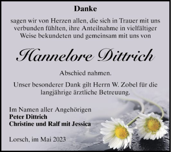 Traueranzeige von Hannelore Dittrich von Bergsträßer Anzeiger