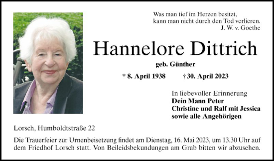 Traueranzeige von Hannelore Dittrich von Bergsträßer Anzeiger