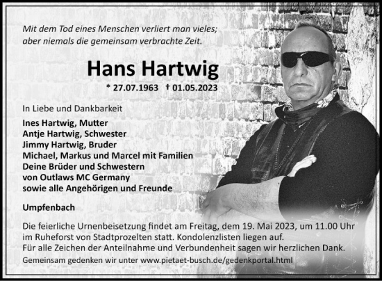 Traueranzeige von Hans Hartwig von Fränkische Nachrichten